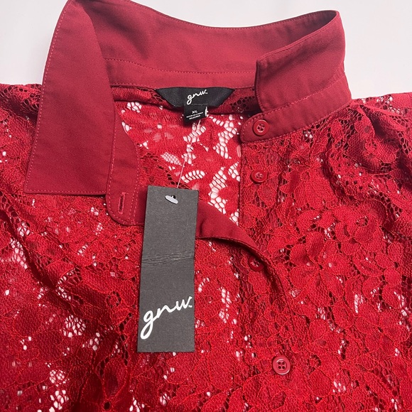 Genevieve Red Lace Button-Up Blouse NWT | Long Sleeve Collared Top - Picture 6 of 8